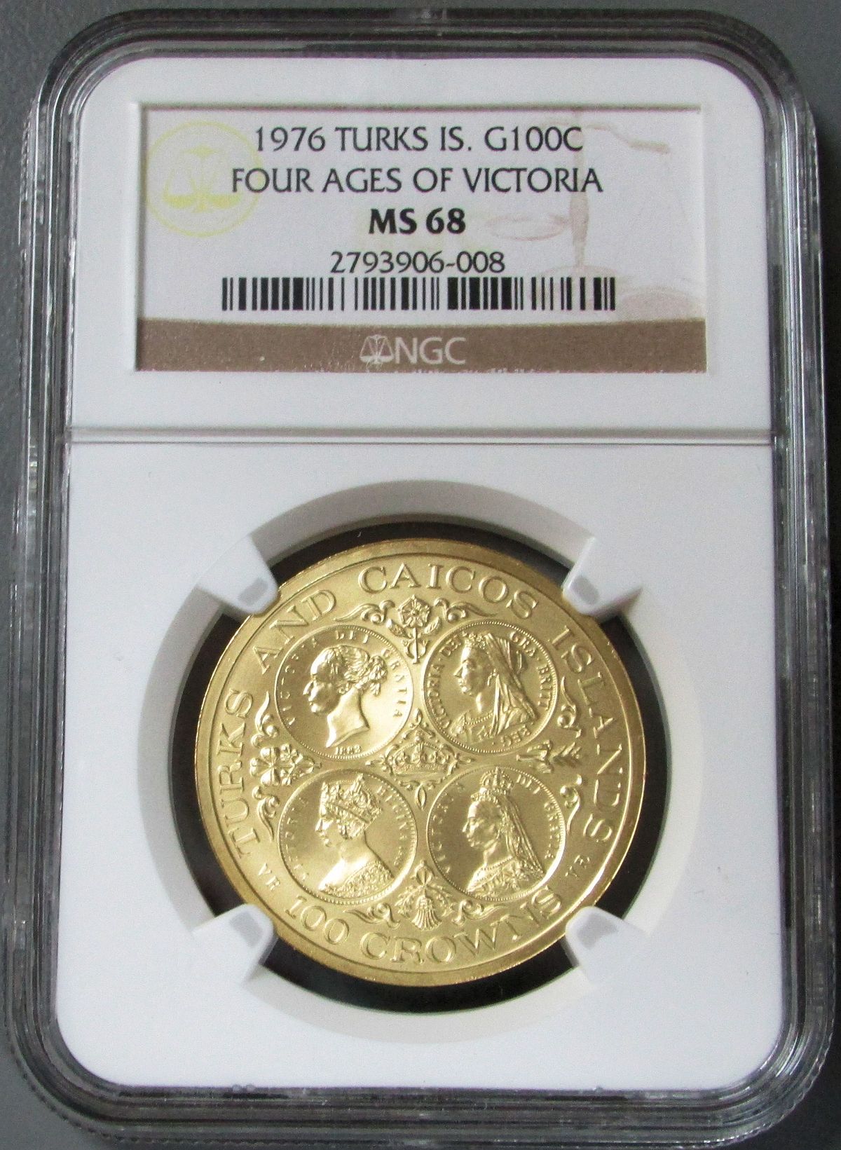 1976 GOLD TURKS & CAICOS ISLANDS 100 CROWNS NGC MINT STATE 68 ONLY 250