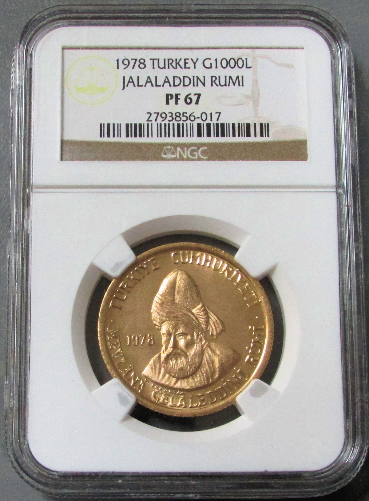 1978 GOLD TURKEY 1000 LIRA NGC PROOF 67 ONLY 450 MINTED 