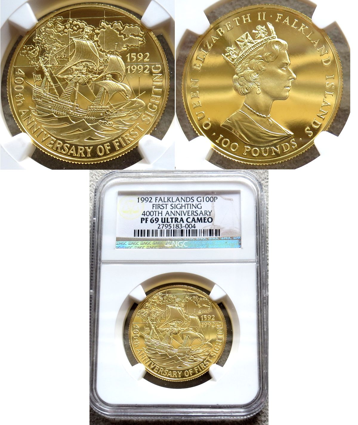1992 GOLD FALKLAND ISLANDS 100 POUNDS NGC PROOF 69 UC 400 MINTED