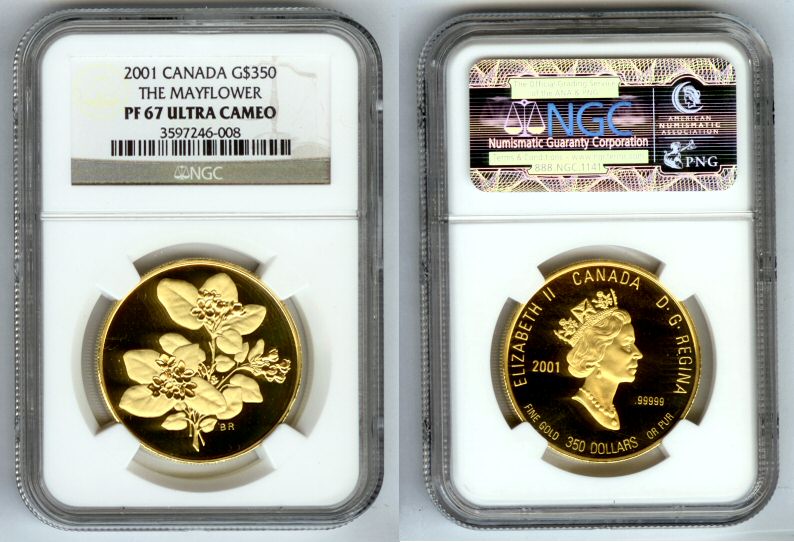 2001 GOLD CANADA $350 NGC PROOF 67 UC MAYFLOWER 1.2232 OZS