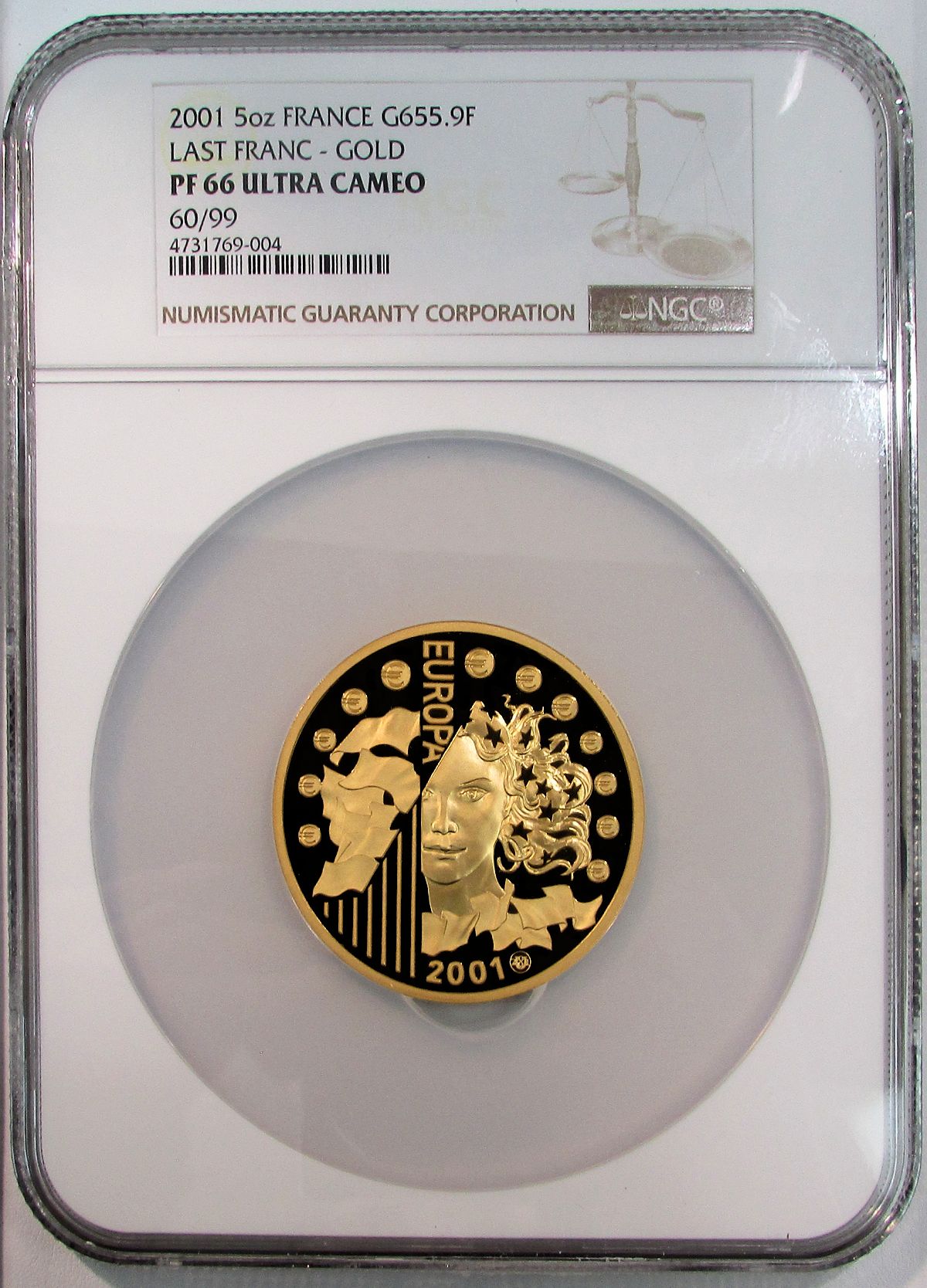 2001 GOLD FRANCE 5 OZ COIN NGC PROOF 66 ULTRA CAMEO 