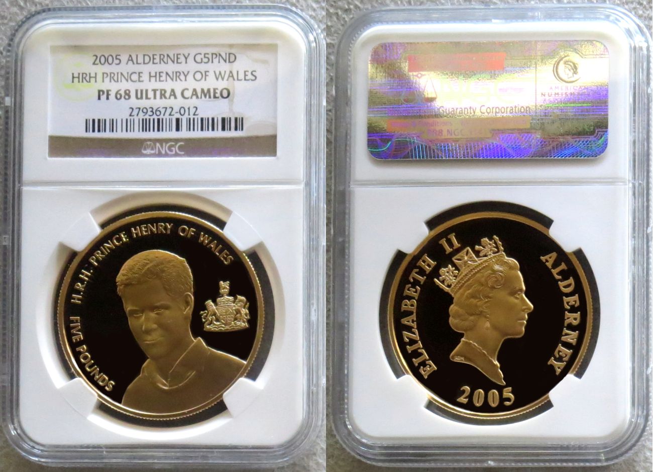 2005 GOLD ALDERNEY 5 PD PRINCE HENRY NGC PROOF 68 UC 150 MINTED