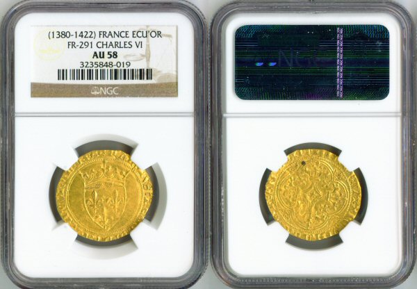 1380 - 1422 GOLD FRANCE 1 ECU D'OR COIN CHARLES VI NGC ABOUT UNC 58