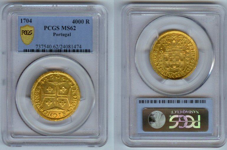 1704 GOLD PORTUGAL 4000 REIS PCGS MINT STATE 62 "CROSS AND ARMS"