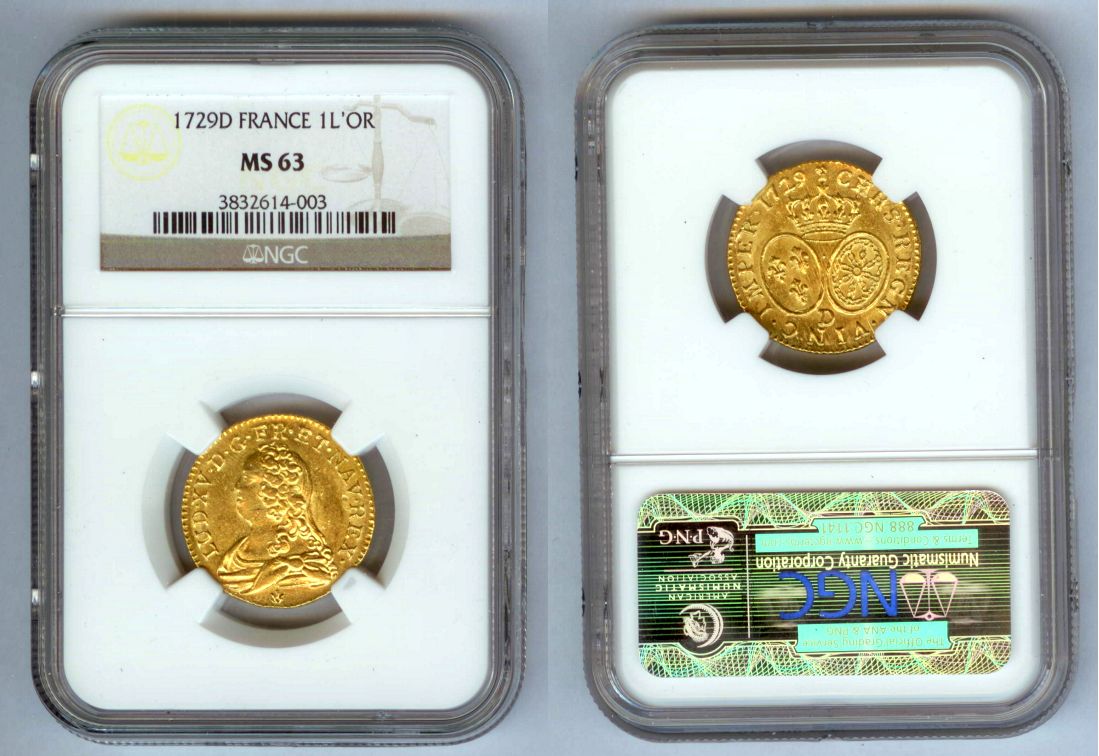 1729 D GOLD FRANCE 1 LOUIS D'OR COIN NGC MINT STATE 63 LOUIS XV