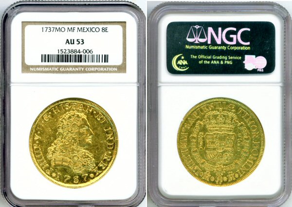 1737 MO GOLD MEXICO 8 ESCUDOS NGC AU53 "RARE'