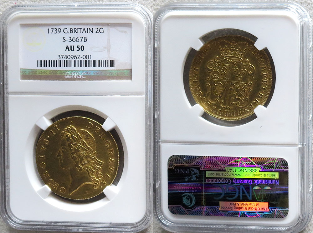 1739 GOLD GREAT BRITAIN 2 GUINEAS NGC ABOUT UNC 50 GEORGE II