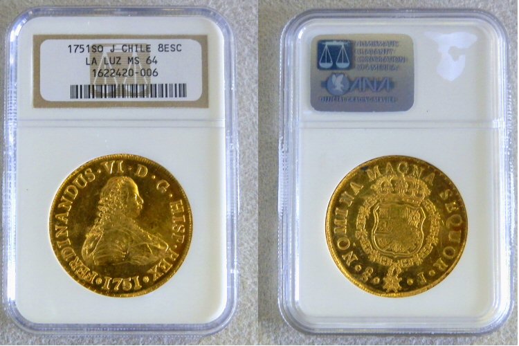 1751 SO J GOLD CHILE 8 ESCUDOS NGC MS64 LA LUZ WRECK RIVER PLATE