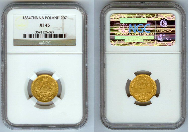 1834 GOLD POLAND 20 ZLOTYCH NGC EXTRA FINE 45 "ROMANOV EAGLE"