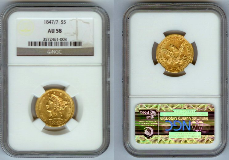 1847 / 7 GOLD U.S. $5 NGC AU58 CORONET HEAD LIBERTY - RARE