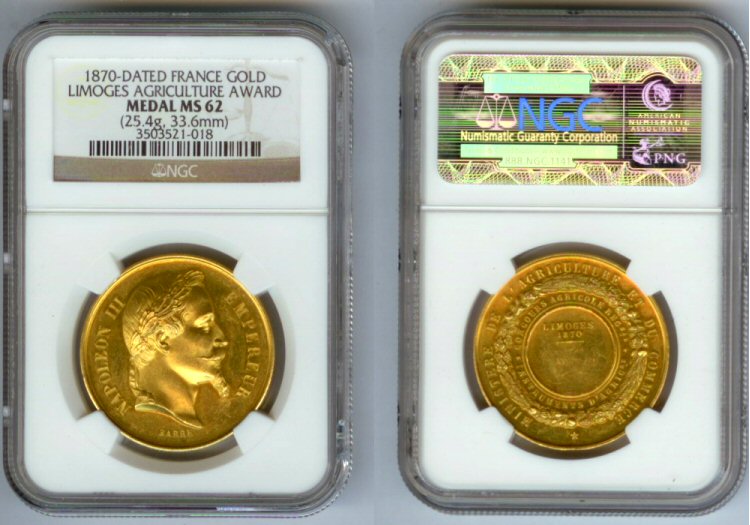 1870 GOLD FRANCE LIMOGES AGRICULTURAL MEDAL NGC 62 NAPOLEON III