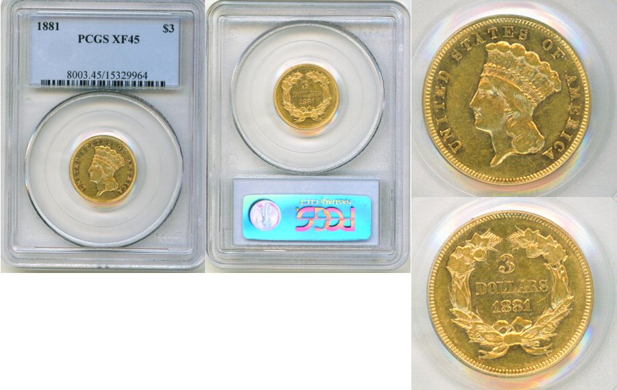 1881 GOLD $3 PRINCESS PCGS XF 45 LUSTEROUS PQ