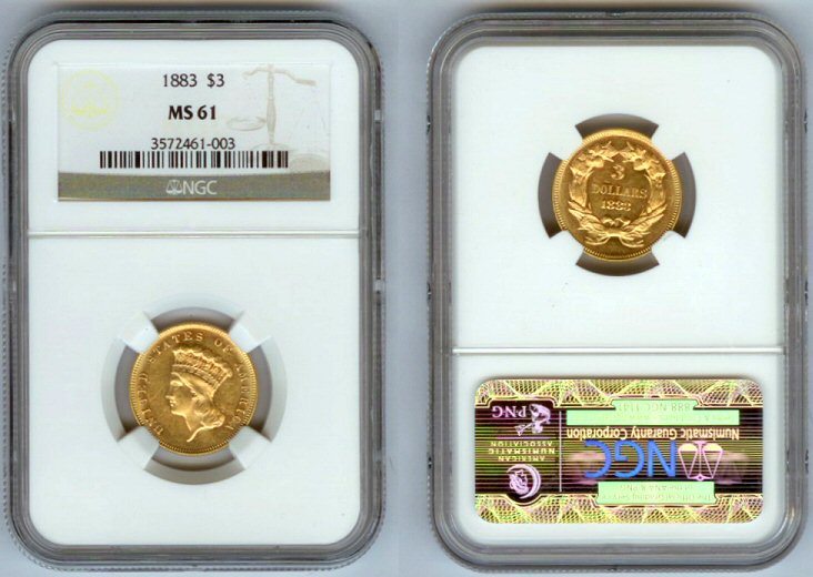 1883 GOLD U.S. $3 INDIAN PRINCESS HEAD NGC MS61 ONLY 811 MINTED