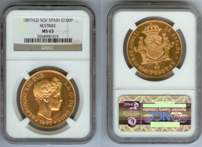 1897 (62) SG V GOLD SPAIN 100 PESETAS NGC MS 63 ALFONSO XIII