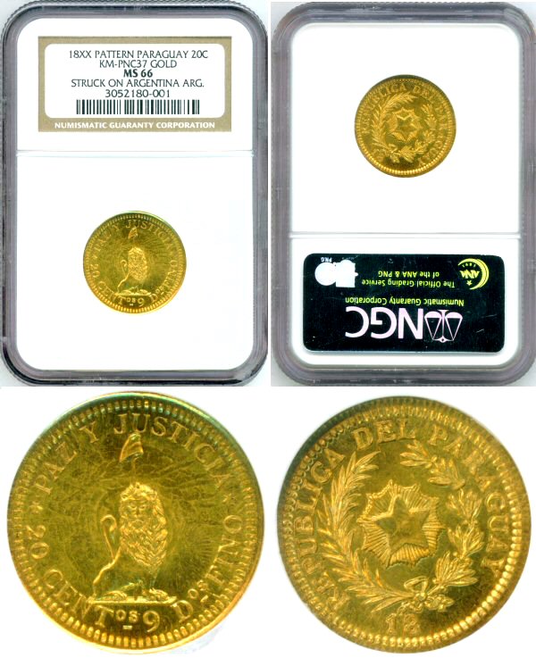 18(88) GOLD PARAGUAY 20 CENTAVOS PATTERN NGC MS66  RARE 10 KNOWN