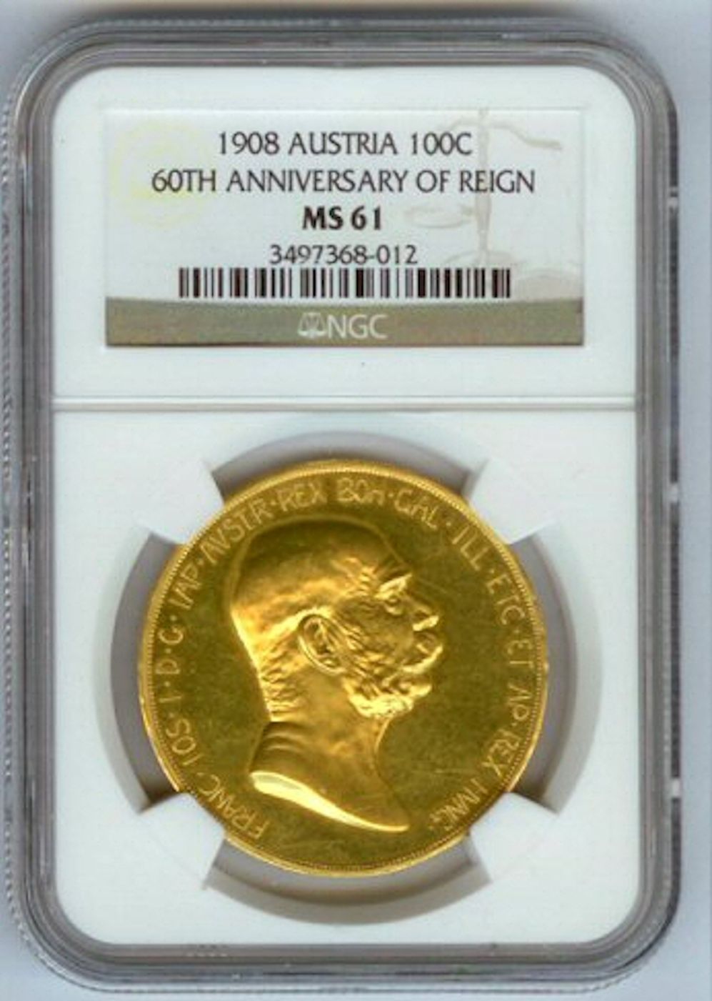 1908 GOLD AUSTRIA 100 CORONA LADY IN CLOUDS JUBILEE NGC PROOF 62