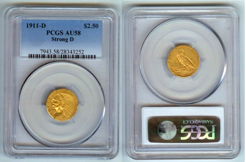 1911 D $2.50  EAGLE INDIAN HEAD PCGS CERTIFIED AU 58  STRONG D