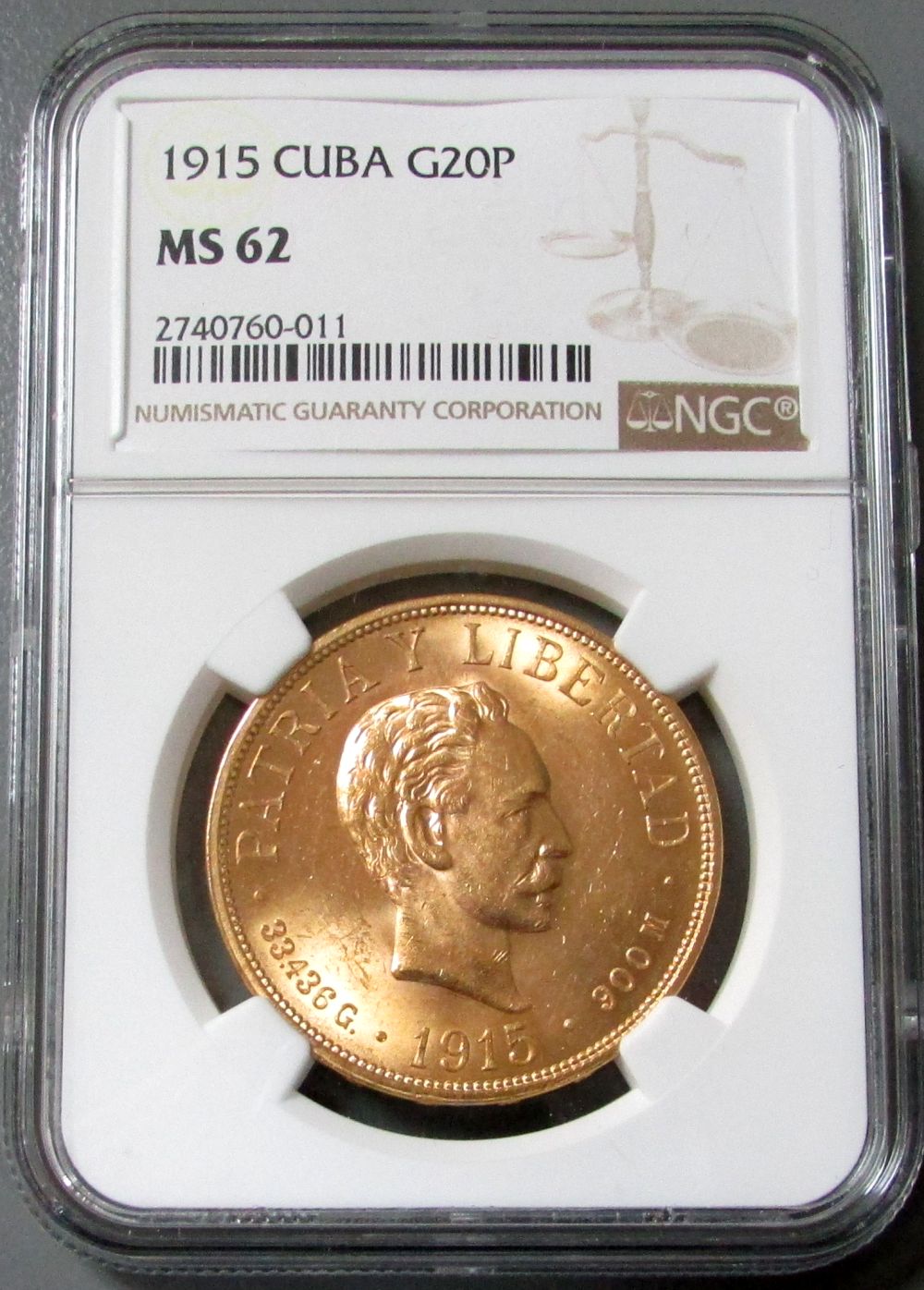 1915 GOLD CUBA JOSE MARTI 20 PESOS COIN NGC MINT STATE 62