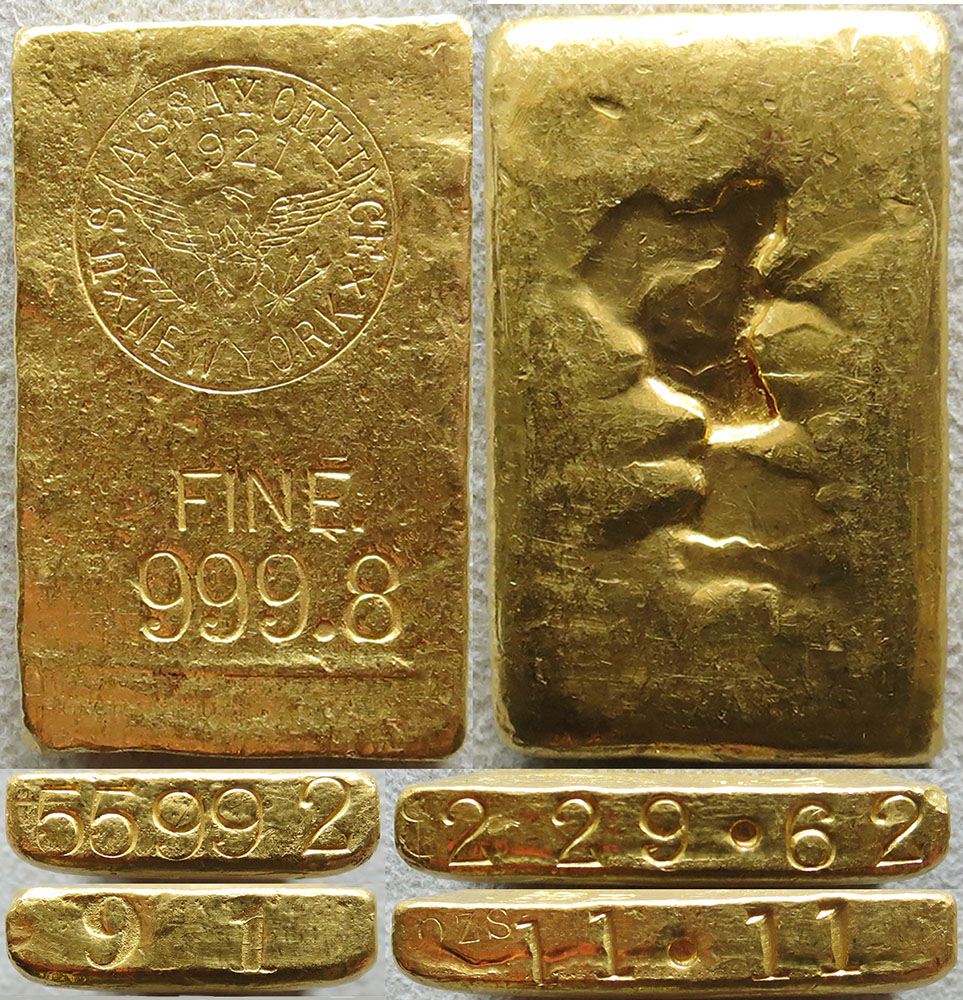 1921  GOLD ASSAY OFFICE OF NEW YORK 11.11 OZS 999.8 BAR INGOT