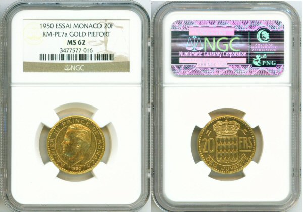 1950 GOLD MONACO 20 FRANCS NGC MINT STATE 62 PIEFORT ONLY 325 MINTED