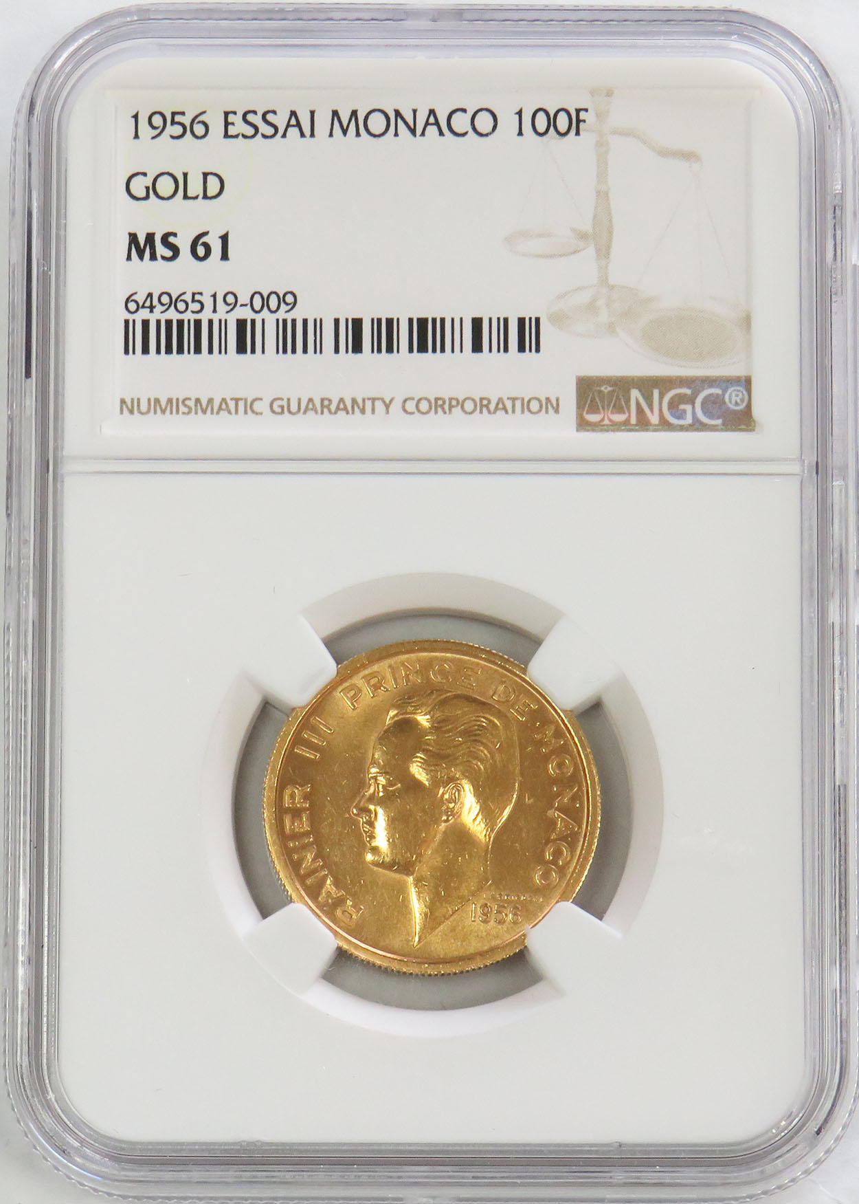 1956 GOLD MONACO ESSAI 100 FRANCS PRINCE RAINIER III COIN NGC MINT STATE 61 PARIS MINT 500 MINTAGE