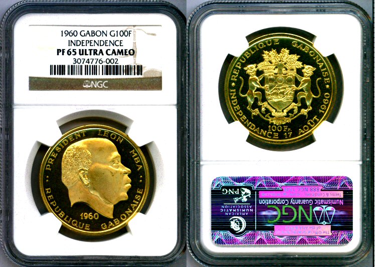 1960 GOLD GABON 100 FRANCS NGC PROOF 65 ULTRA CAMEO "INDEPENDENCE" 500 MINTED