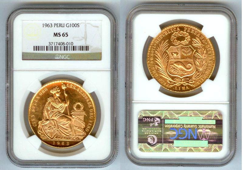 1963 GOLD PERU 100 SOLES NGC MINT STATE 65 ONLY 7,342 MINTED