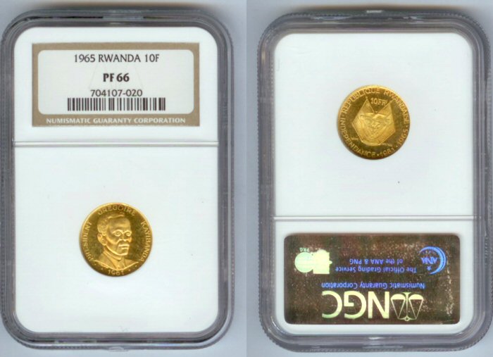 1965 GOLD RWANDA 10 FRANCS NGC PROOF 66 INDEPENDENCE