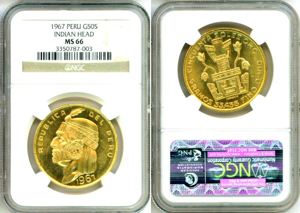 1967 GOLD PERU 50 SOLES NGC MINT STATE 66 INCA INDIAN CHIEF