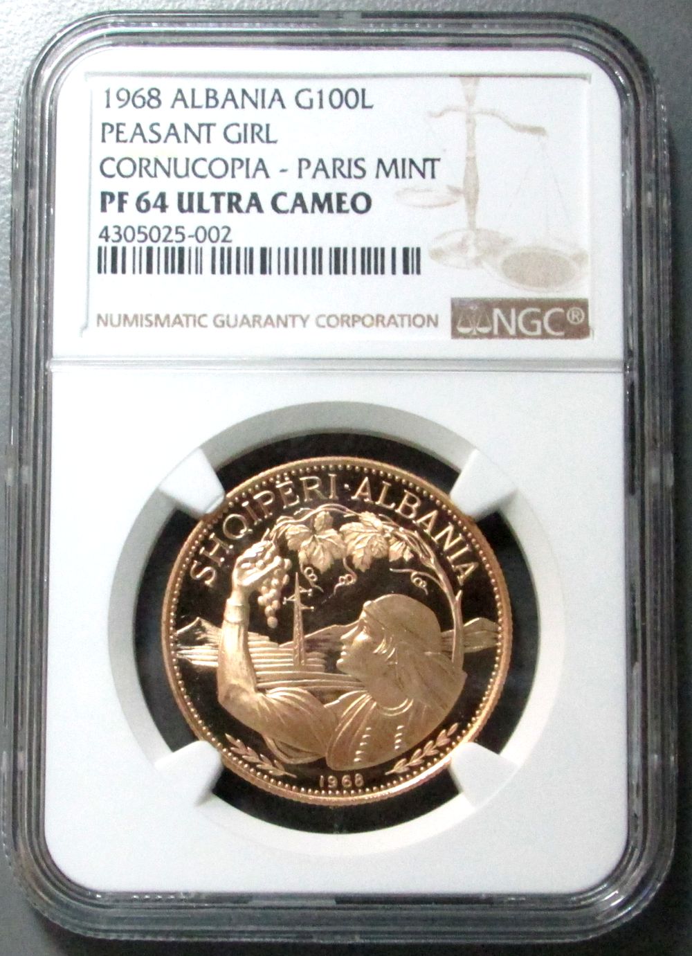 1968 GOLD ALBANIA 100 LEKE CORNUCOPIA RIGHT PARIS MINT PEASANT GIRL NGC PROOF 64 ULTRA CAMEO ONLY 24 MINTED