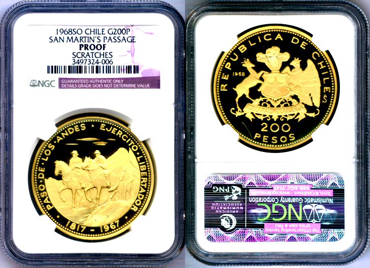 1968 SO GOLD CHILE 200 PESO NGC GEM PROOF SAN MARTIN 965 MINTED