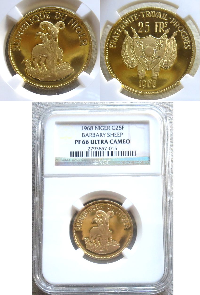 1968 GOLD NIGER 25 FRANCS NGC PROOF 66 ULTRA CAMEO ONLY 1,000 MINTED " BARBARY SHEEP"