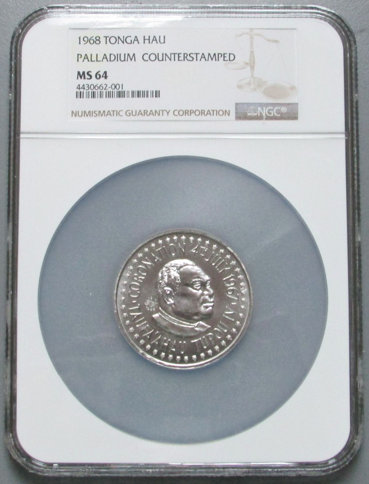 1968 PALLADIUM TONGA 1 HAU 2 OZ+ NGC MINT STATE 64 "COUNTERMARK ONLY 400 MINTED " HISTORICALLY THE FIRST PALLADIUM COINAGE