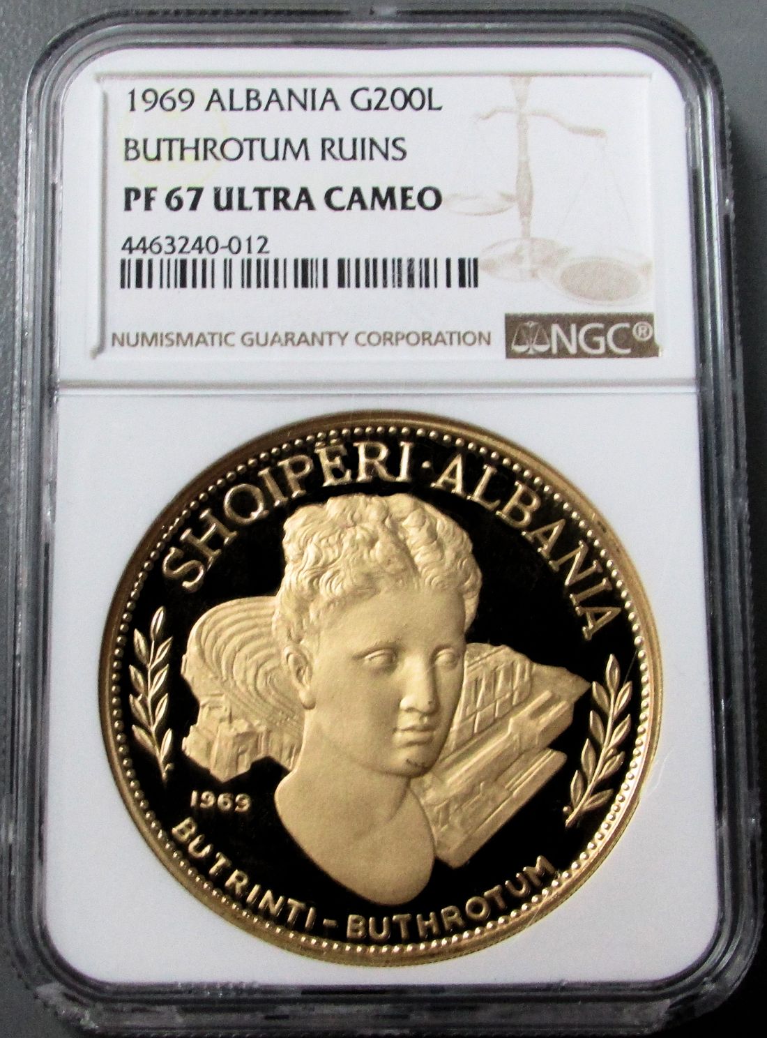 1969 GOLD ALBANIA 200 LEKE NGC PROOF 67 ULTRA CAMEO "ANCIENT BUTHROTUM RUINS" ONLY 100 MINTED 
