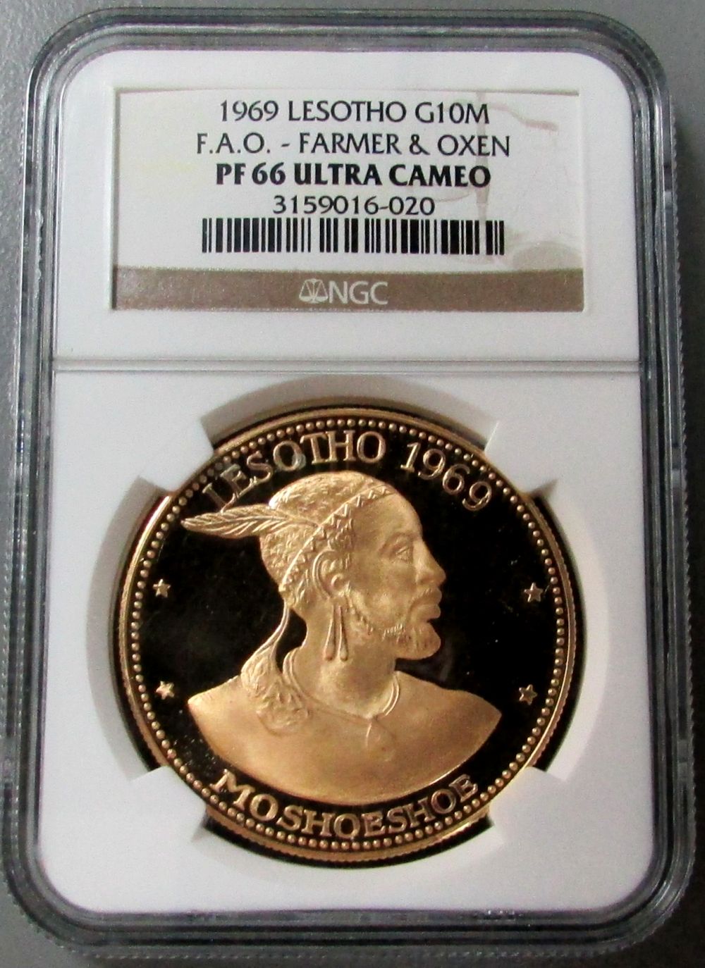 1969 GOLD LESOTHO 10 MALOTI NGC PROOF 66 ULTRA CAMEO "F.A.O .FOOD & AGRICULTURE ORGANIZATION OF THE UNITED NATIONS" 