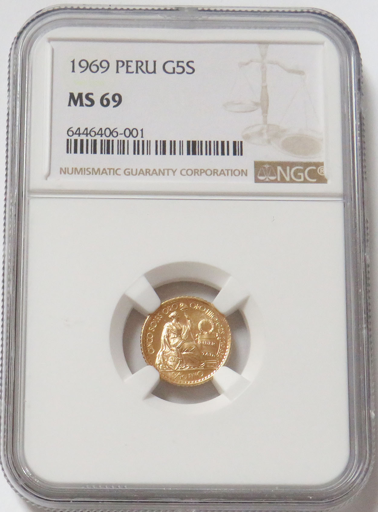 1969 GOLD PERU 5 SOLES NGC MINT STATE 69  FINEST ONE KNOWN KEY DATE ONLY 127 MINTED 