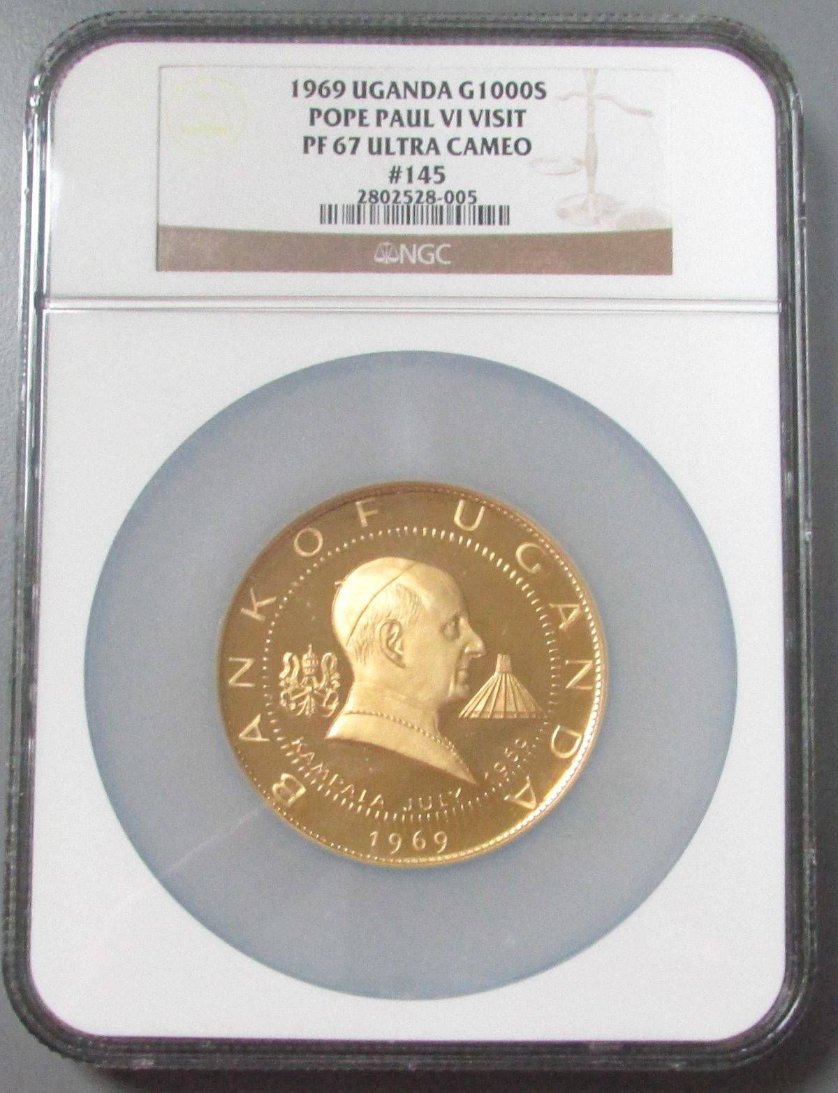 1969 GOLD UGANDA 1000 SHILLINGS NGC PROOF 67 ULTRA CAMEO POPE PAUL VI VISIT 1,390 MINTED #145