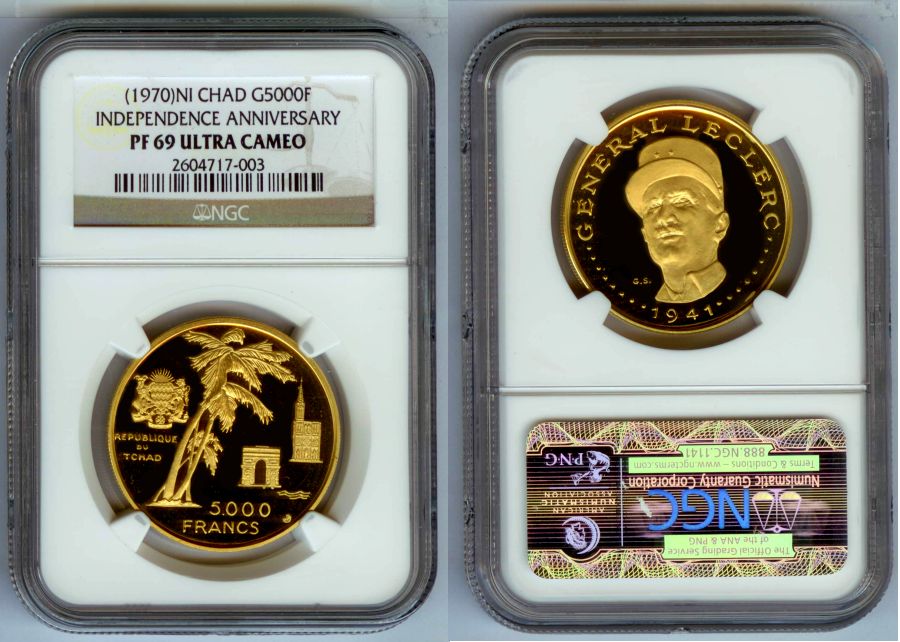 (1970). 1941 ,GOLD, CHAD, 5000 FRANCS ,NGC PROOF 69 ULTRA CAMEO, "GENERAL LECLERC" RARE COIN COLLECTOR