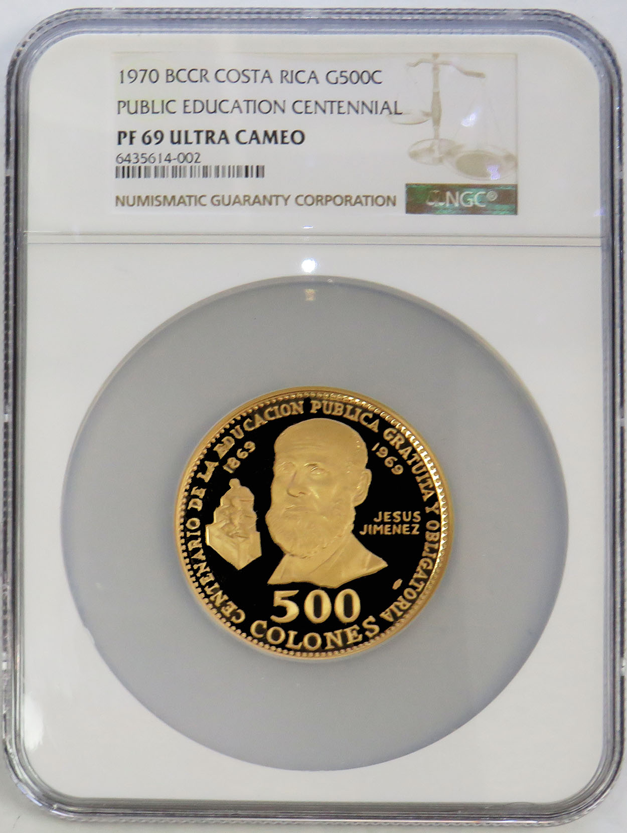 1970 BCCR GOLD COSTA RICA PUBLIC EDUCATION 500 COLONES NGC PROOF 69 ULTRA CAMEO 