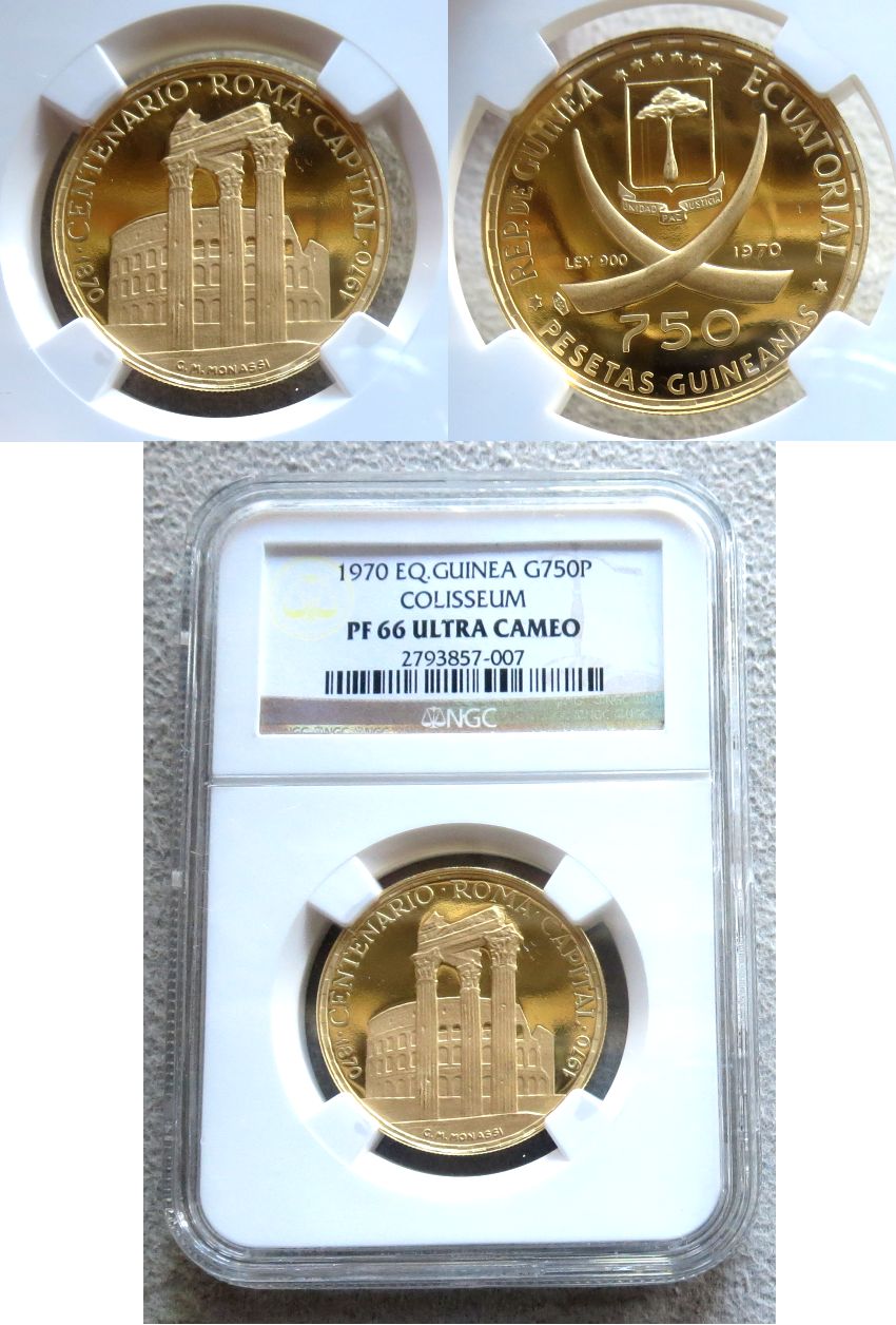 1970 GOLD EQUATORIAL GUINEA 750 PESETAS NGC PROOF 66 ULTRA CAMEO "COLISSEUM"