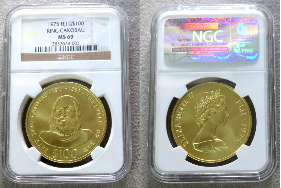 1975 GOLD FIJI ISLAND $100 NGC MINT STATE 69 "KING CAKOBAU" ONLY 593 MINTED