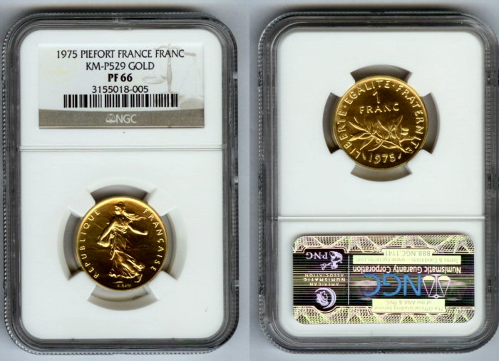 1975 GOLD FRANCE 1 FRANC NGC PROOF 66  "PIEFORT" ONLY 51 MINTED