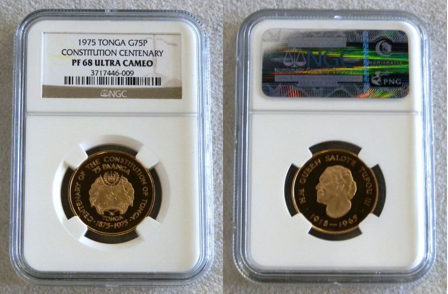 1975 GOLD TONGA 75 PAANGA CONSTITUTION NGC PROOF 68 ULTRA CAMEO 105 MINTED