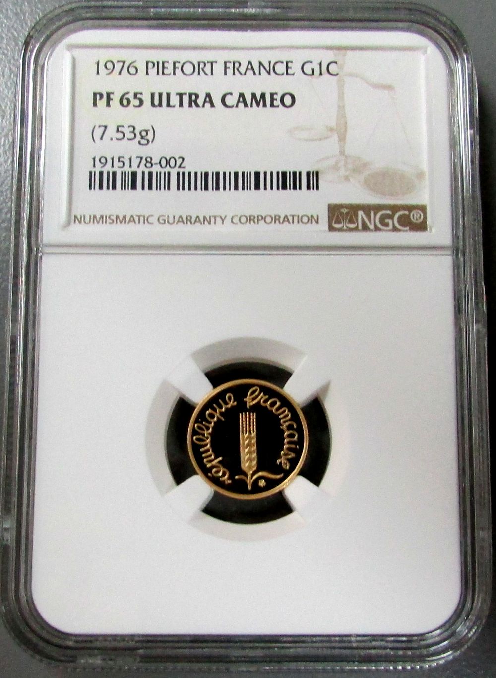 1976 GOLD FRANCE 1 CENTIME PIEFORT NGC PROOF 65 ULTRA CAMEO ONLY 100 MINTED