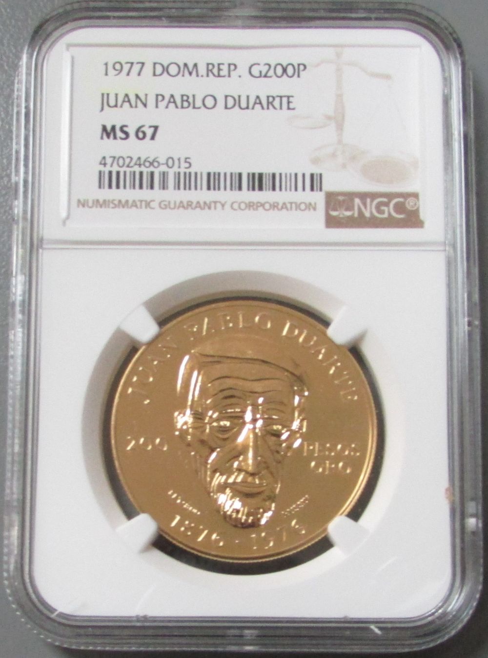 1977 GOLD DOMINICAN REPUBLIC 200 PESOS NGC MINT STATE 67 "JUAN PABLO