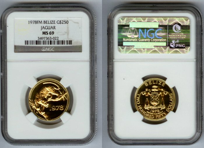 1978 GOLD BELIZE $250 JAGUAR NGC MINT STATE 69 RARE ONLY 200 MINTED