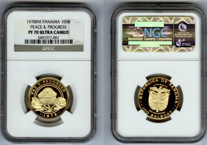 1978 GOLD PANAMA 100 BALBOA NGC PERFECT PROOF 70 ULTRA CAMEO PEACE & PROGRESS 