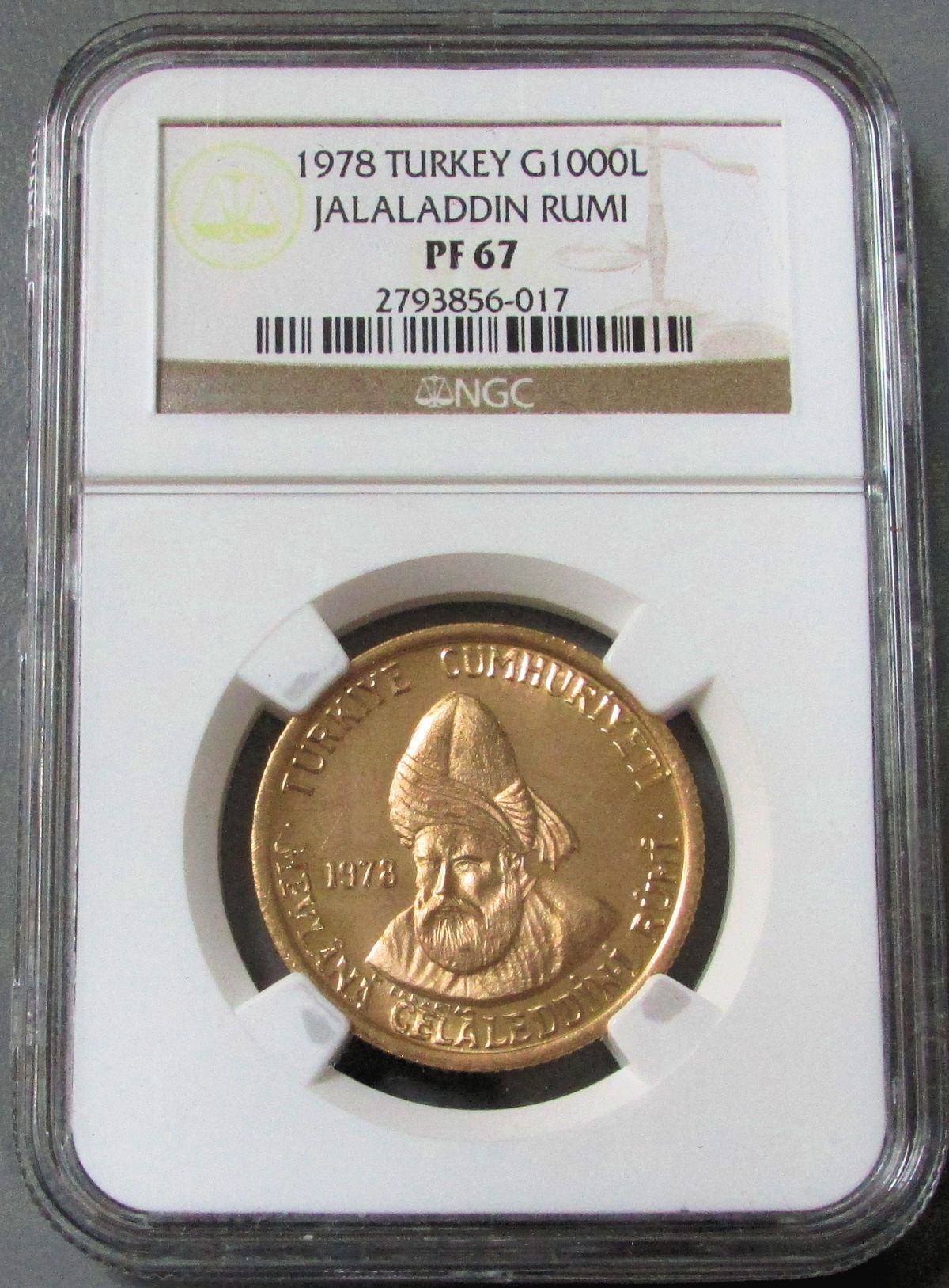 1978 GOLD TURKEY 1000 LIRA NGC PROOF 67  "JALALDDIN RUMI" ONLY 450 MINTED 