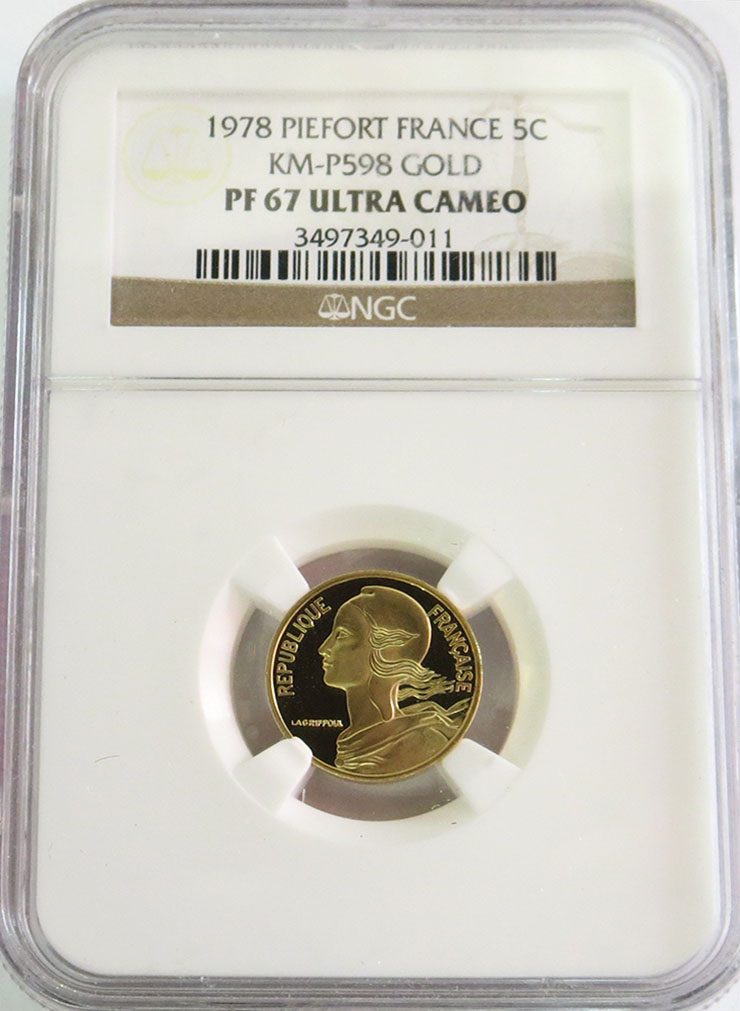 1978 GOLD FRANCE 5 CENTIMES PIEFORT NGC PROOF 67 ULTRA CAMEO ONLY 144 MINTED 
