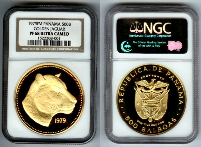 1979 GOLD PANAMA 500 BALBOAS NGC PROOF 68 ULTRA CAMEO ONLY 1,657 MINTED "JAGUAR"